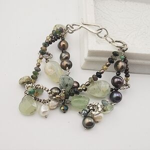 PREHINITE, AFRICAN TURQUOISE & PEARLS DANGLING BRACELET HANDMADE IN STERLING
